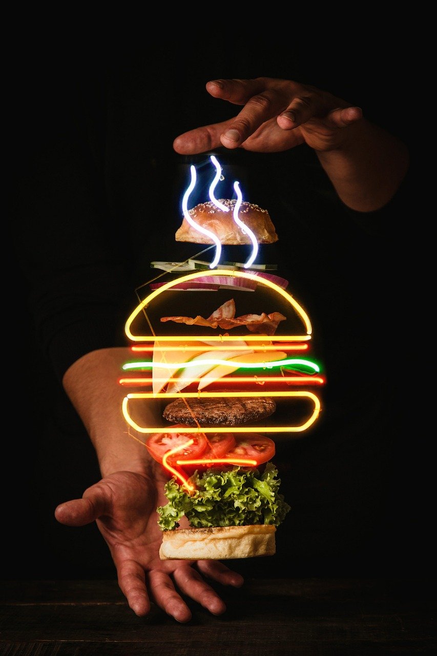 La Pantera de Málaga hamburguesería burger, patties, vegetables, buns, fast food, floating, hands, food, poster, advertising, neon, entrepreneurship, burger, burger, burger, burger, burger, fast food